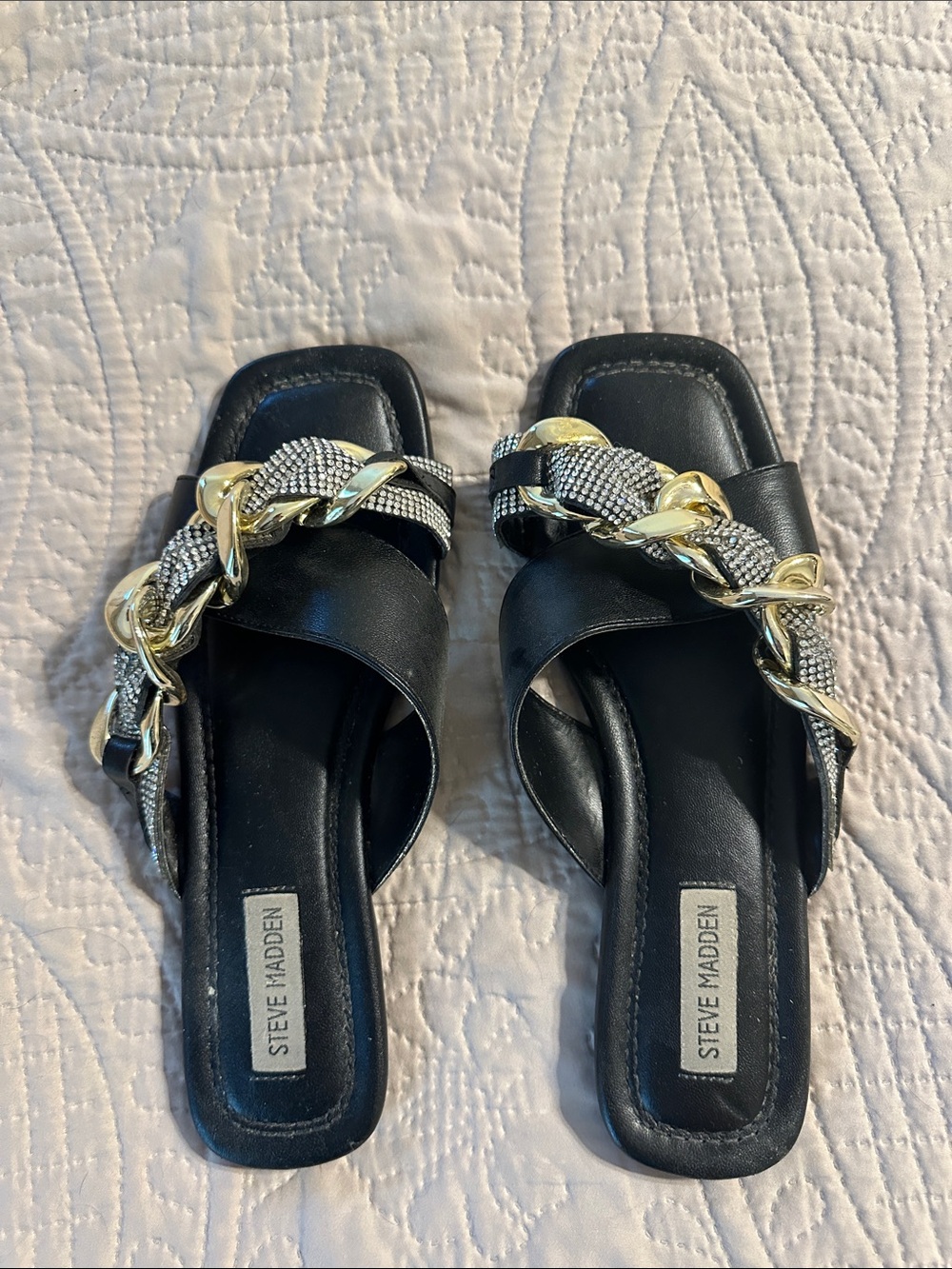 Steve Madden Black Slide Sandals with Gold Chain Detail